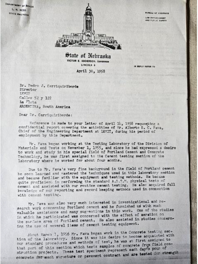 Figura 1. Carta del Departamento de Caminos de Nebraska al Dr. Carriquiriborde, director del LEMIT.