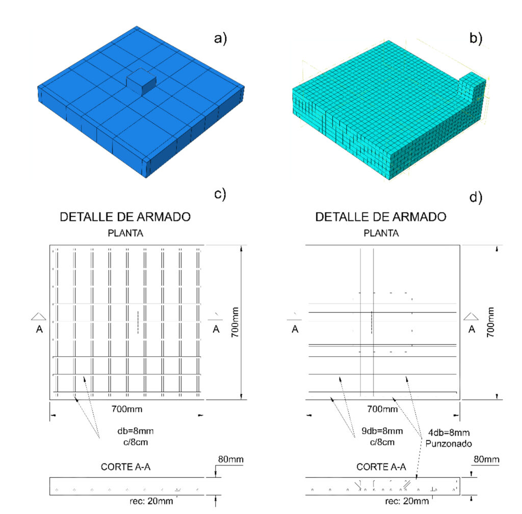 Figura 5. Prototipos: a) Modelo ABAQUS© Assembly; b) Mallado de EF con simetría; c) armadura sin refuerzo a punzonado; d) armadura con refuerzo a punzonado
