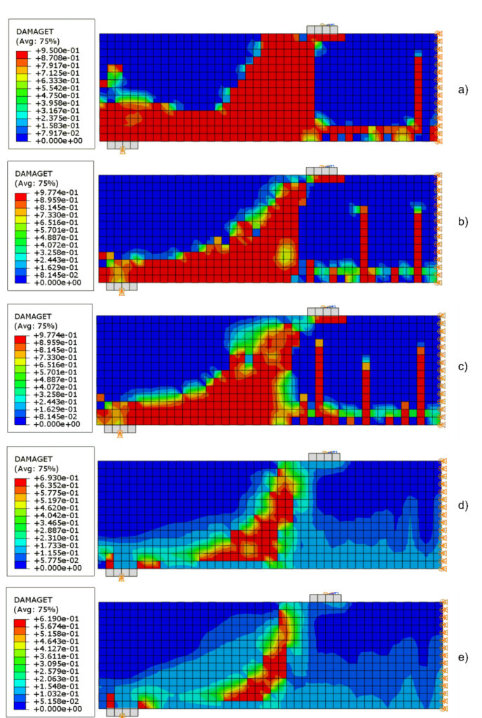 Figura 7. Daño a tracción: a) VHA; b) VHAC2; c) VHAC4; d) VHAF40; e) VHAF60.